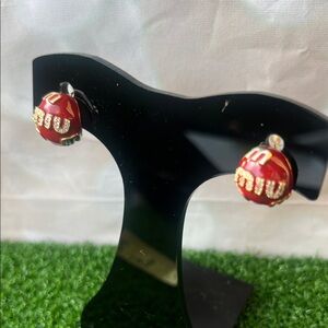 Miu Miu Red Enamel Gold tone Logo Dome Clip-On Earrings